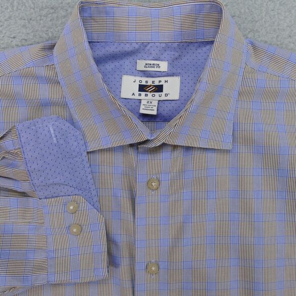Joseph Abboud Button Up Shirt Mens 2XL Brown Blue Plaid Cotton Long Sleeve - Picture 1 of 15